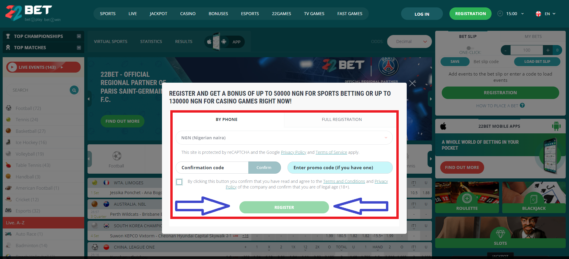 Features of the registration process at 22Bet Nigeria