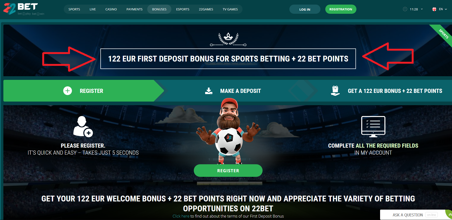 Welcome bonus for betting at 22Bet