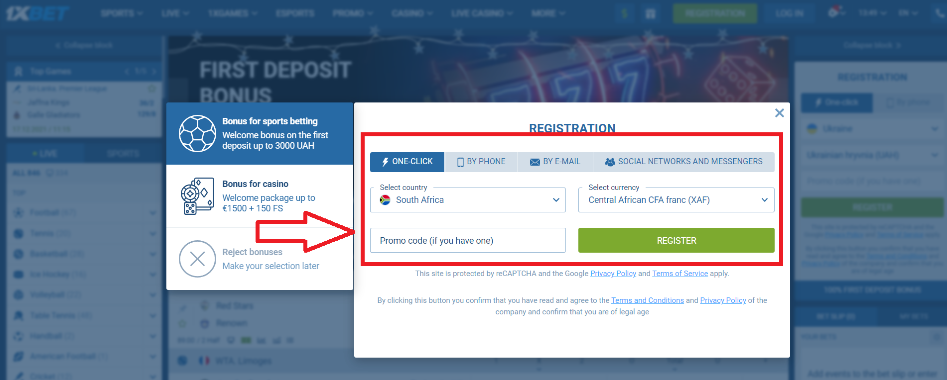 1xBet registration process